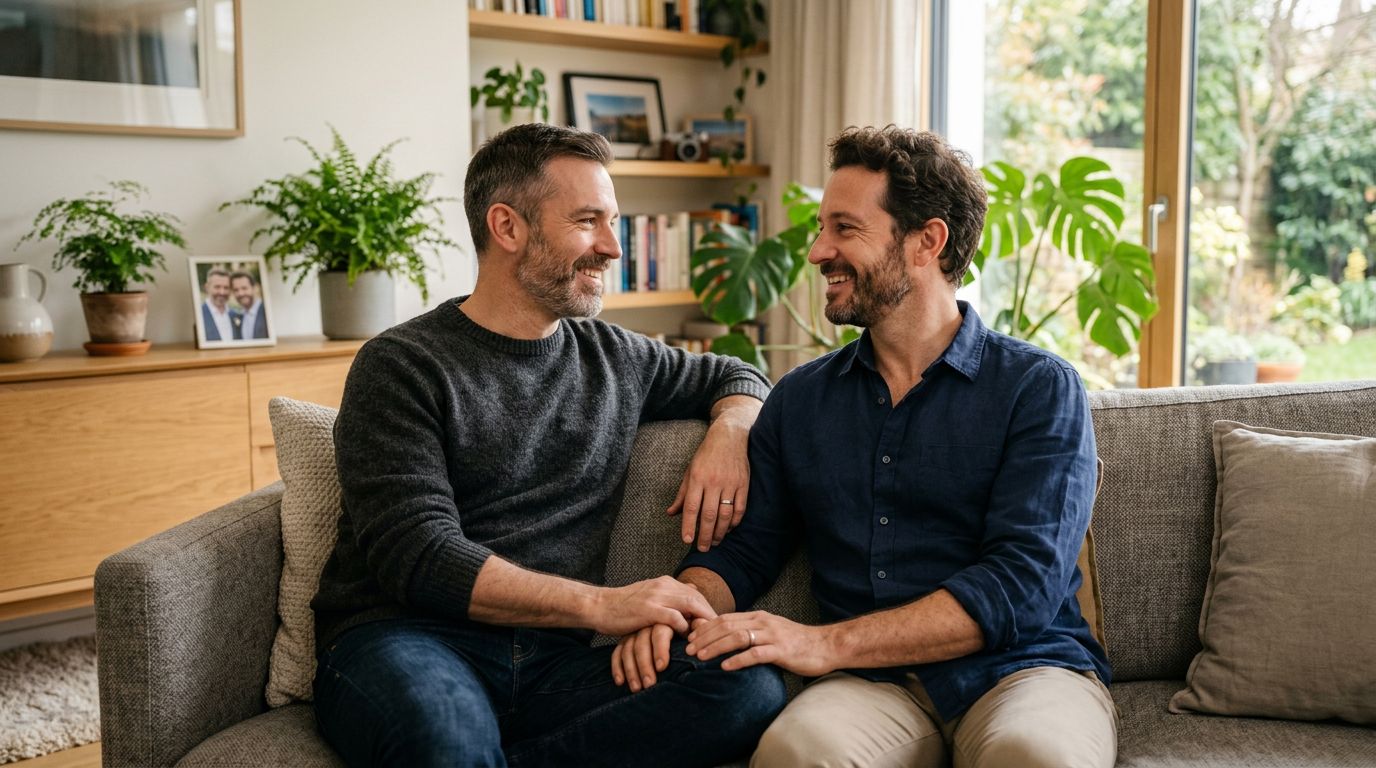 Couple d'hommes mariés partageant un moment de tendresse et de complicité à la maison